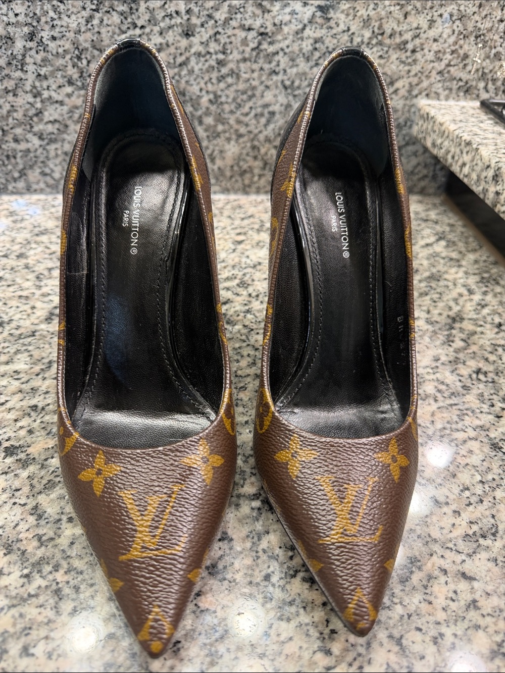 Louis Vuitton Brown Monogram Pointed Pumps with Gold Accents
